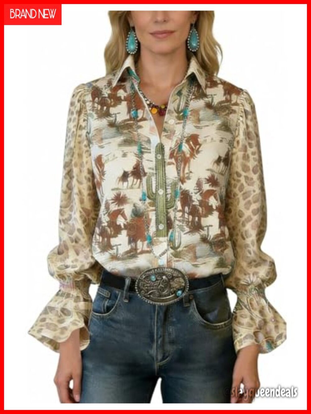 Boho Paisley Long Sleeve Ruffled Cuff Button Down Blouse